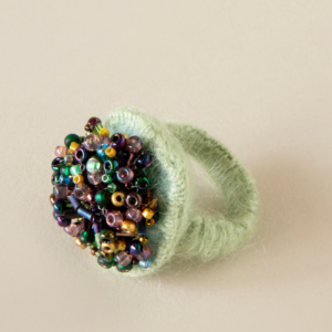 Light green mohair eggplant, gold and green beads ring