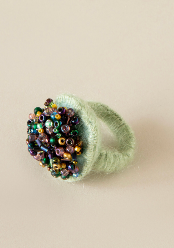 Light green mohair eggplant, gold and green beads ring