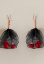 Black net sac with red pomegranates earrings