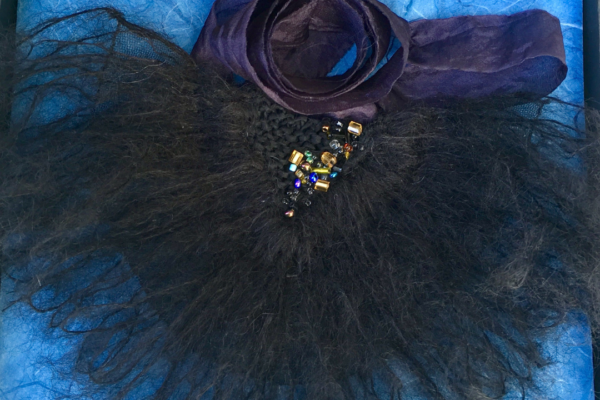 Black mohair beard with dark purple band blue