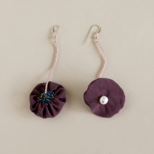These earrings are made of a thick silk of an eggplant color. They are decorated with pearls and Miyuki glass beads. They have silver hooks. The height is 8 cm (includes the pearl)