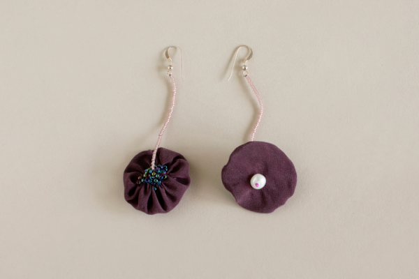 These earrings are made of a thick silk of an eggplant color. They are decorated with pearls and Miyuki glass beads. They have silver hooks. The height is 8 cm (includes the pearl)