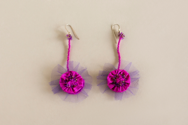 Fuchsia disk with purple frill earrings